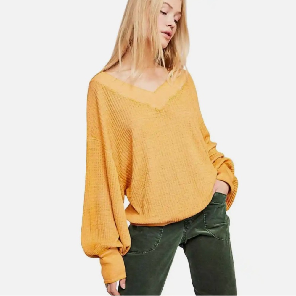 Free People Yellow Southside Thermal Top SMALL Mustard Waffle Knit Cotton Gold